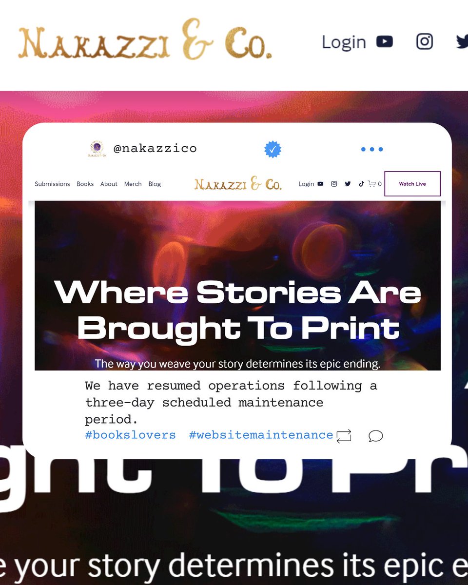 NakazziCo's tweet image. 🚀 Exciting News! Our website nakazzico.com is back up and running after a successful 3-day maintenance period. Dive back into the world of literary excellence with us! Explore our latest releases, upcoming events, and more. Happy browsing! #NakazziCo #WebsiteBackUp