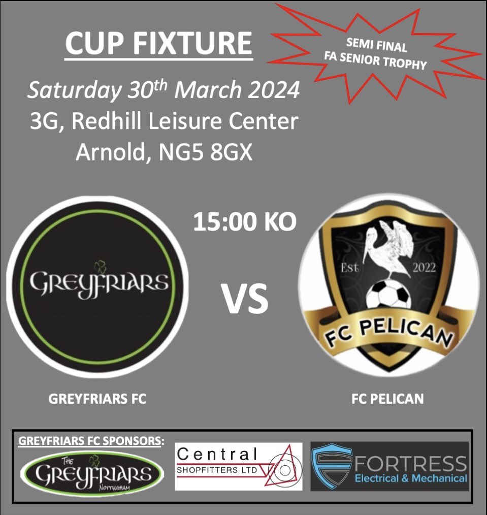 📢 Fixture Information 📢 📅 Sat 30th March 24 ⚽️ FC Pelican 📌 3G Pitch, Redhill Leisure Center, Arnold, NG5 8GX 🏆 Cup Fixture - Semi Final ⏰ 15:00