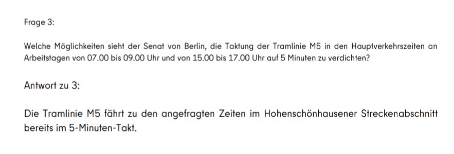 Der CDU-Abgeordnete Martin Pätzold schlägt in einer kleinen Anfrage vor, den Takt der #Straßenbahn Linie M5 in #Hohenschönhausen in der Rush Hour auf 5 Minuten zu verdichten. Antwort des Senats: Sie fährt schon (seit Jahren) zur Rush Hour im 5-Minuten-Takt 🤡 1/4