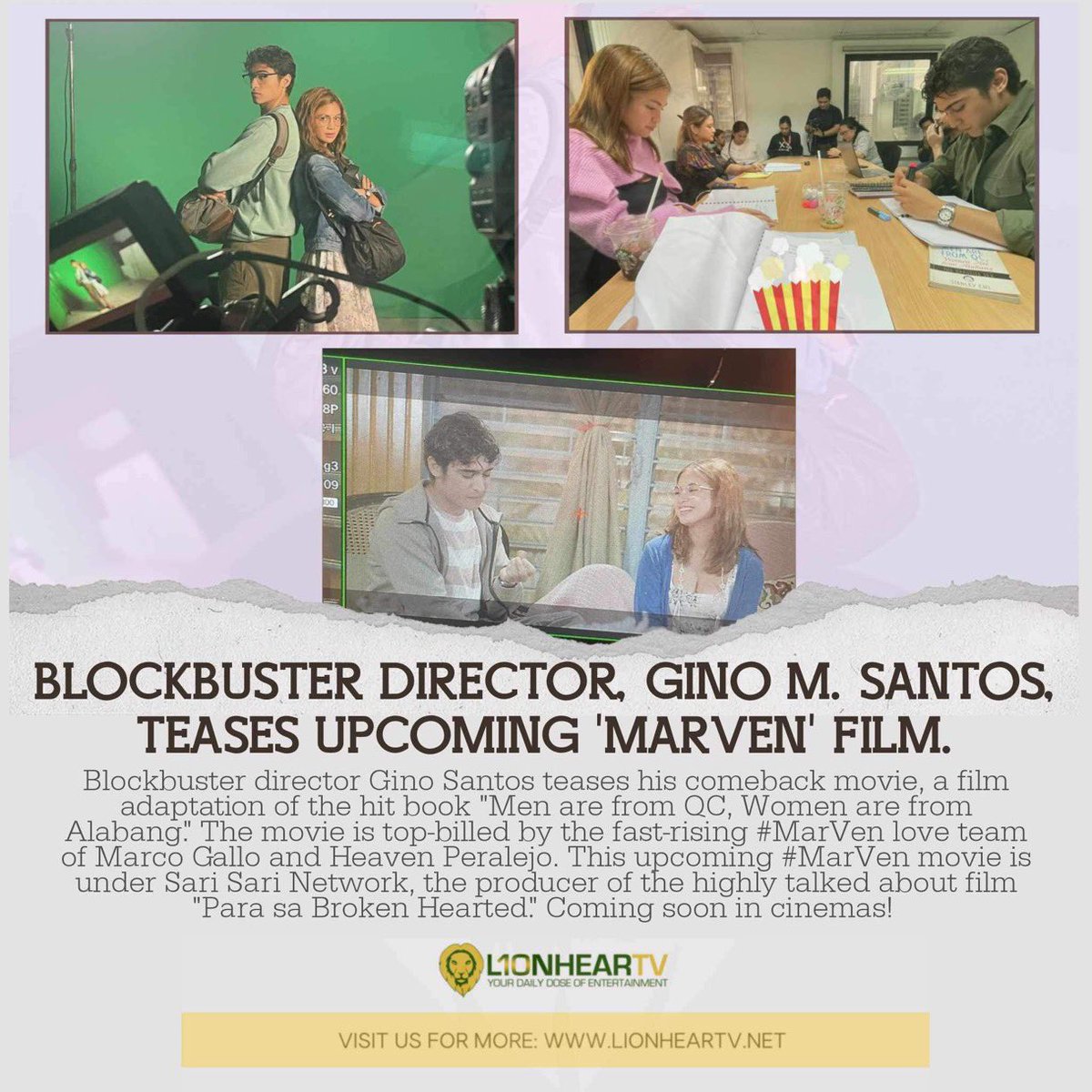 LionhearTVNet's tweet photo. LOOK: Blockbuster director Gino Santos teases his comeback movie, a film adaptation of the hit book "Men are from QC, Women are from Alabang." The movie is top-billed by the fast-rising #MarVen love team of Marco Gallo and Heaven Peralejo. https://t.co/CO8yMSEoT5