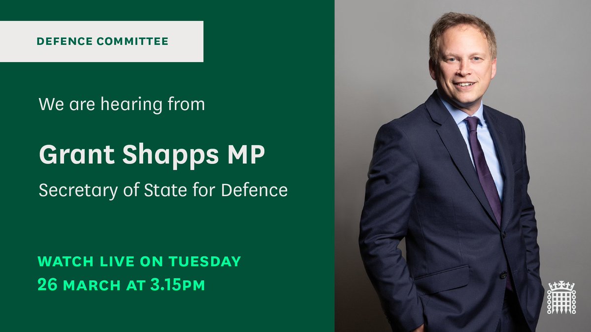 Tomorrow we will take evidence from the Defence Secretary, @grantshapps, on defence spending and the readiness of our Armed Forces. Find out more here: committees.parliament.uk/event/20926/fo…