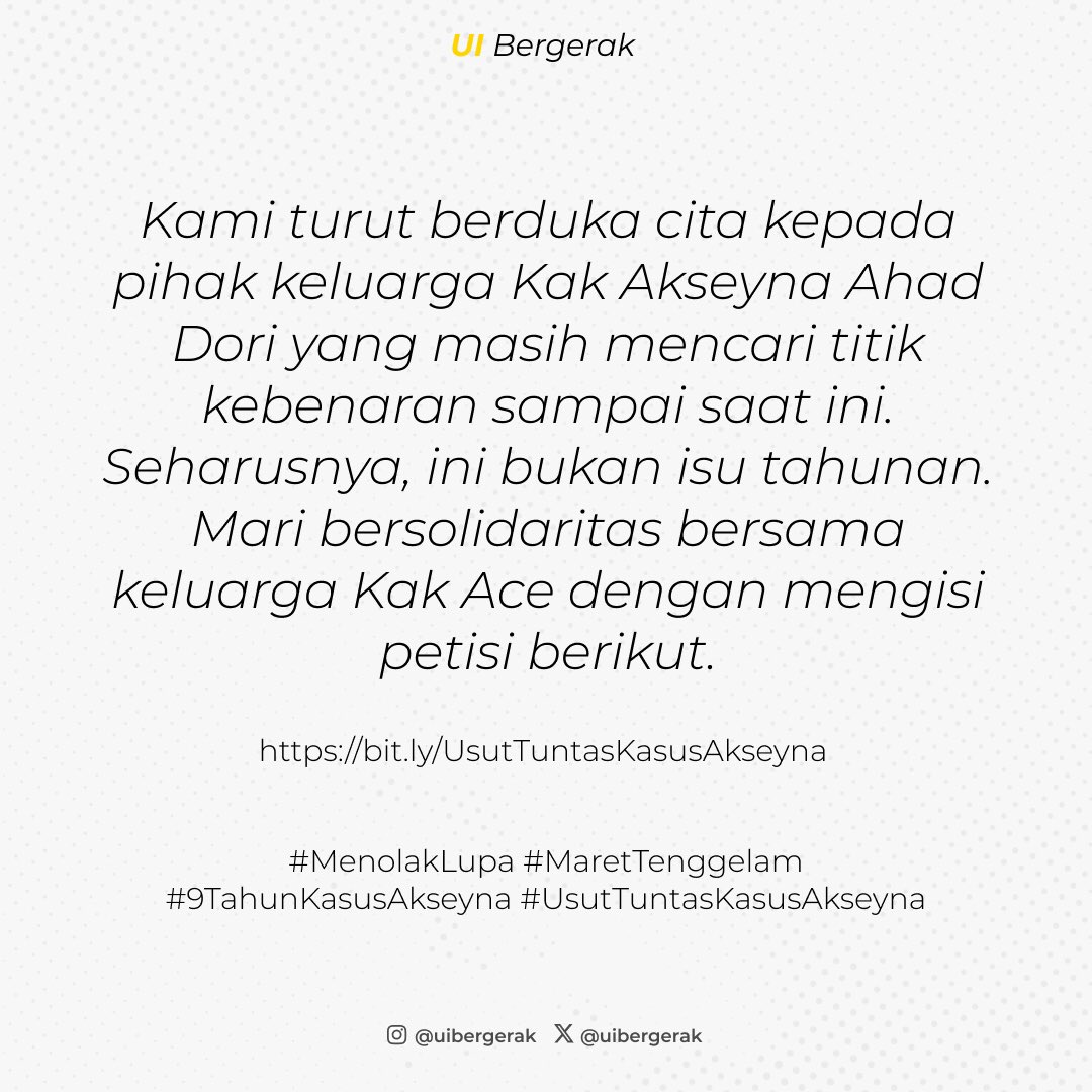 Kasus Kak Ace bukan hidup kembali, melainkan tidak akan pernah mati sampai tuntas!

#MenolakLupa
#9TahunKasusAkseyna
#UsutTuntasKasusAkseyna
#PercumaLaporPolisi
#UIBergerak