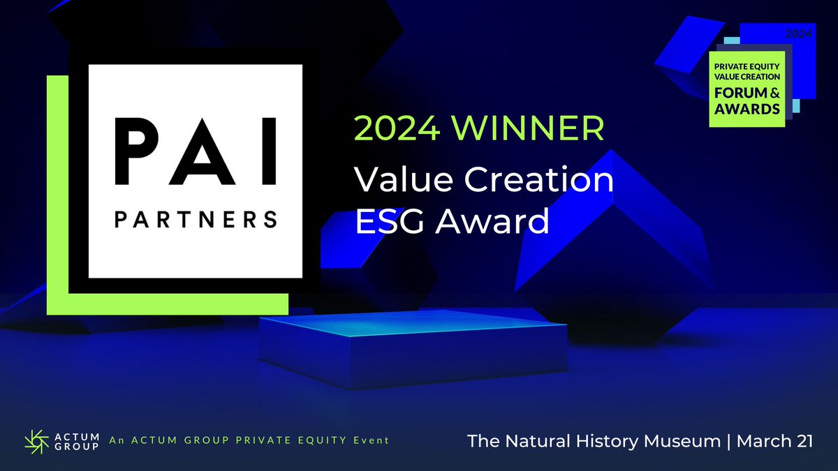 PAI is delighted to have won the Value Creation ESG Award at the Private  Equity Value Creation Awards hosted by Actum! In everything we do, we  strive to create value for all, image size:1200x675