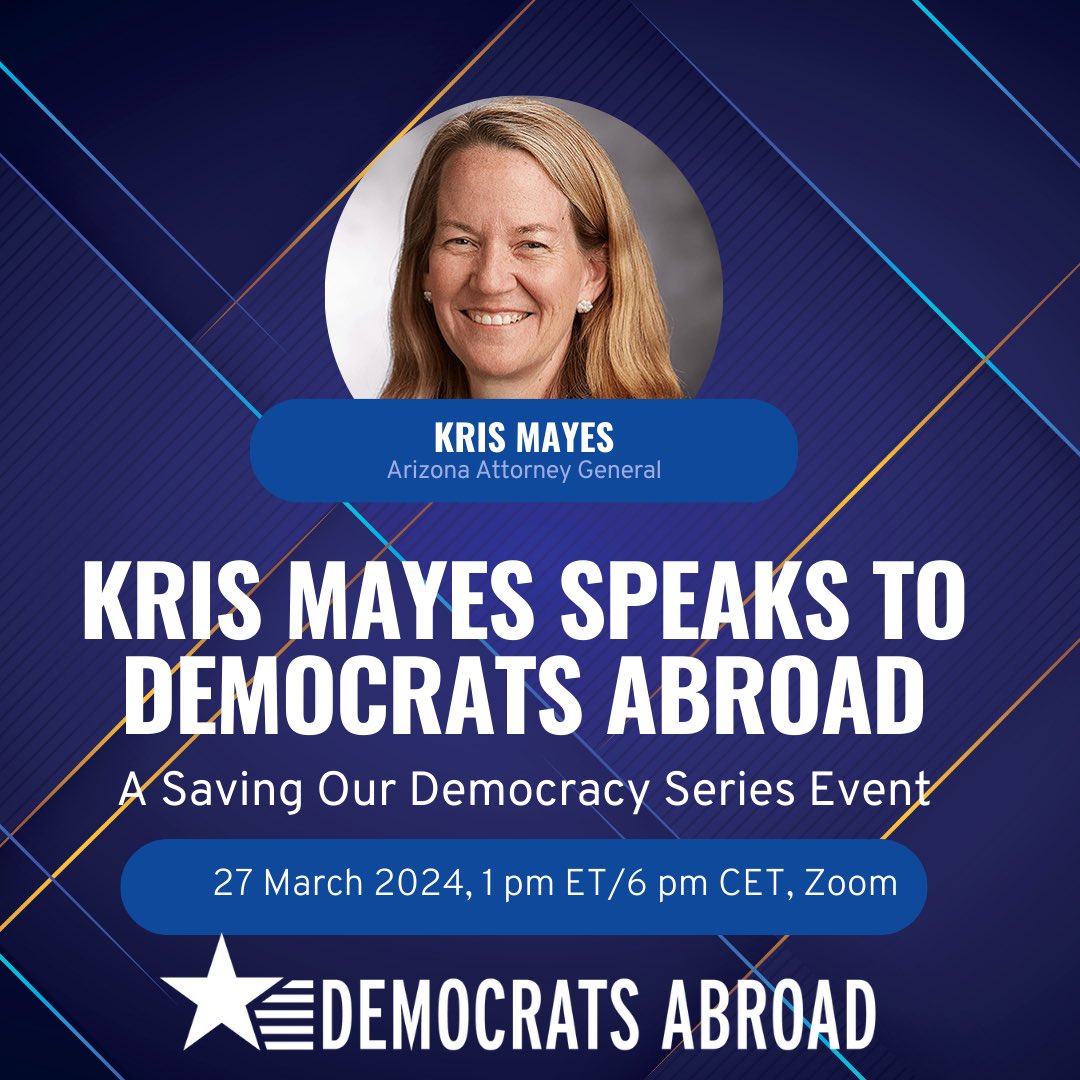 It’s a late one, but a good one! If you’re up/travelling, join us to hear from AG Mayes of Arizona, a part of our Saving Our Democracy series. RSVP via the Democrats Abroad website (in bio).