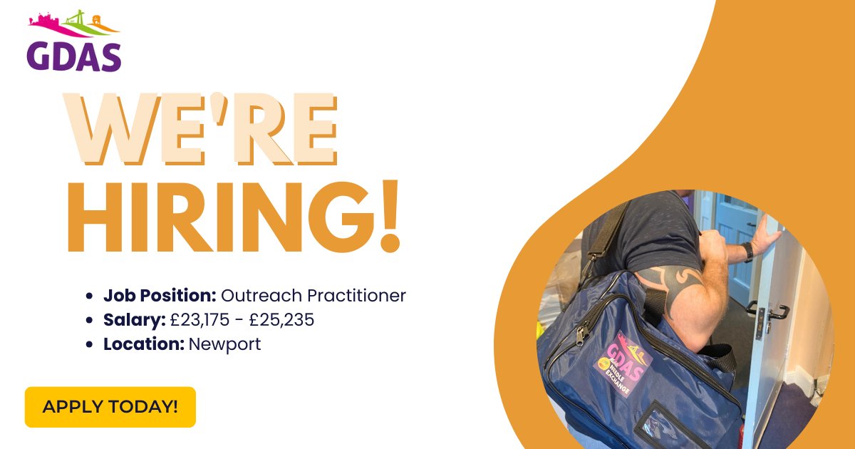 Join our team! 💼 Job position: Outreach Practitioner 💷 Salary: £23,175 - £25,235 📍 Location: Newport 📅 Closing date: 05/04/2024 For more information and to check out other job opportunities, click here 👉 gdas.wales/volunteer-with…