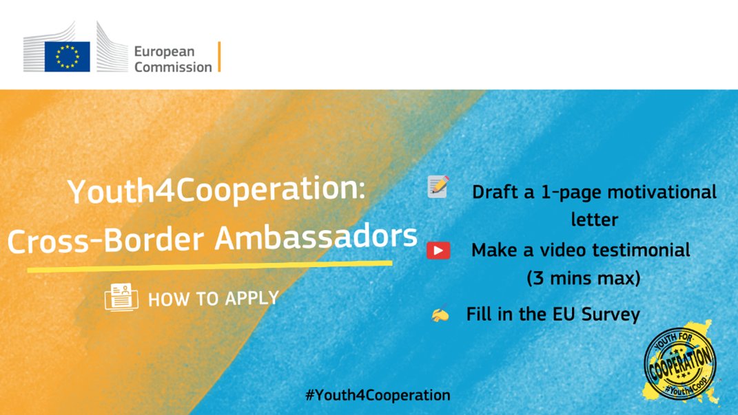 Apply NOW and join the #Youth4Cooperation: Cross-Border Ambassadors initiative by 29 Mar. 📑1-page motivational letter (motivation, background, interest) 🎥Video testimonial (your interest in #EUBorderRegions & 1 issue you wish to improve) Read more ➡️futurium.ec.europa.eu/en/border-foca…