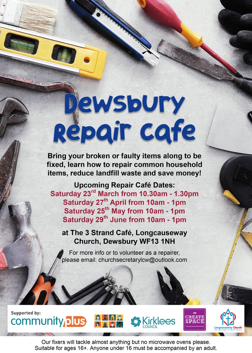 Dewsbury Repair Café will be back on Saturday 27th April. Bring your broken & faulty items to be fixed, reduce landfill & save money! For more info or to volunteer, email: churchsecretarylcw@outlook.com @SustHudds @DewsReporter @DewsburyRoadHub @GoDewsbury