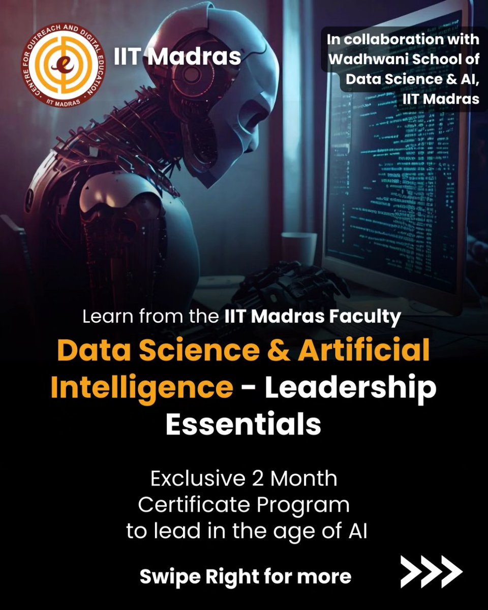 Level Up Your Leadership with AI: 2 Month IIT Madras Program Become an AI powered leader! IIT Madras's online program equips you with: - Practical AI & Machine Learning for Leaders - Real-world case studies & code walkthroughs - No deep math background required Link below 👇