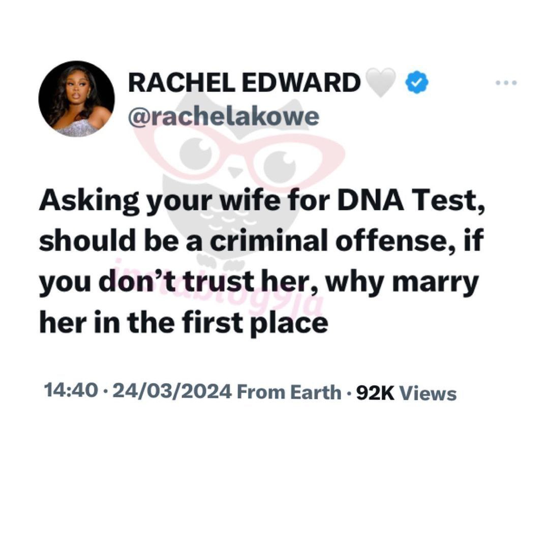 instablog9ja's tweet photo. Asking your wife for DNA test should be a criminal offense — BBN’s Rachel. https://t.co/euWfiE6T0e