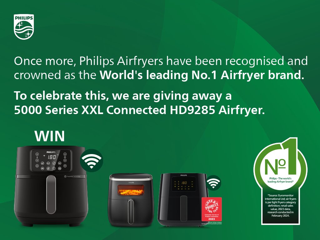 Exciting News! 🎉 We've been crowned the No.1 Airfryer Brand Globally, again! To celebrate, join our giveaway on Instagram! Visit @PhilipsHomeLivingSA for more details! Running from 25 to 31 March 2024. #PhilipsAirfryerGiveaway #PhilipsHomeSA