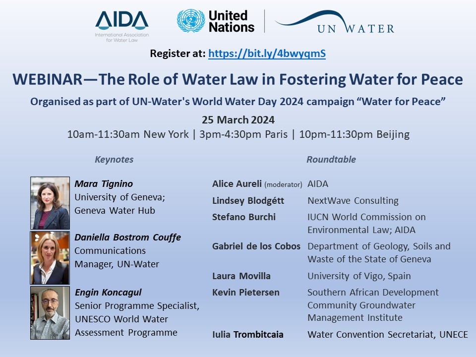 🌊 Join us today for a webinar on 'The Role of Water Law in Fostering Water for Peace' organized by AIDA! 📅25 March 2024 ⏲️15-16:30 CET 💡Explore how water law can pave the way for peace & enhance water cooperation. unwater.org/news/webinar-r…