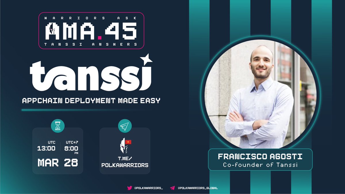 We’re back for another AMA! 

Come join us to meet <a href="/fjagosti/">Francisco Agosti</a> - Co-Founder of <a href="/TanssiNetwork/">Tanssi</a> - The game-changer makes #appchain deployment incredibly easy.
 
Time: 28 Mar, 01:00 pm (UTC)
Venue: t.me/PolkaWarriors

Leave your questions below!