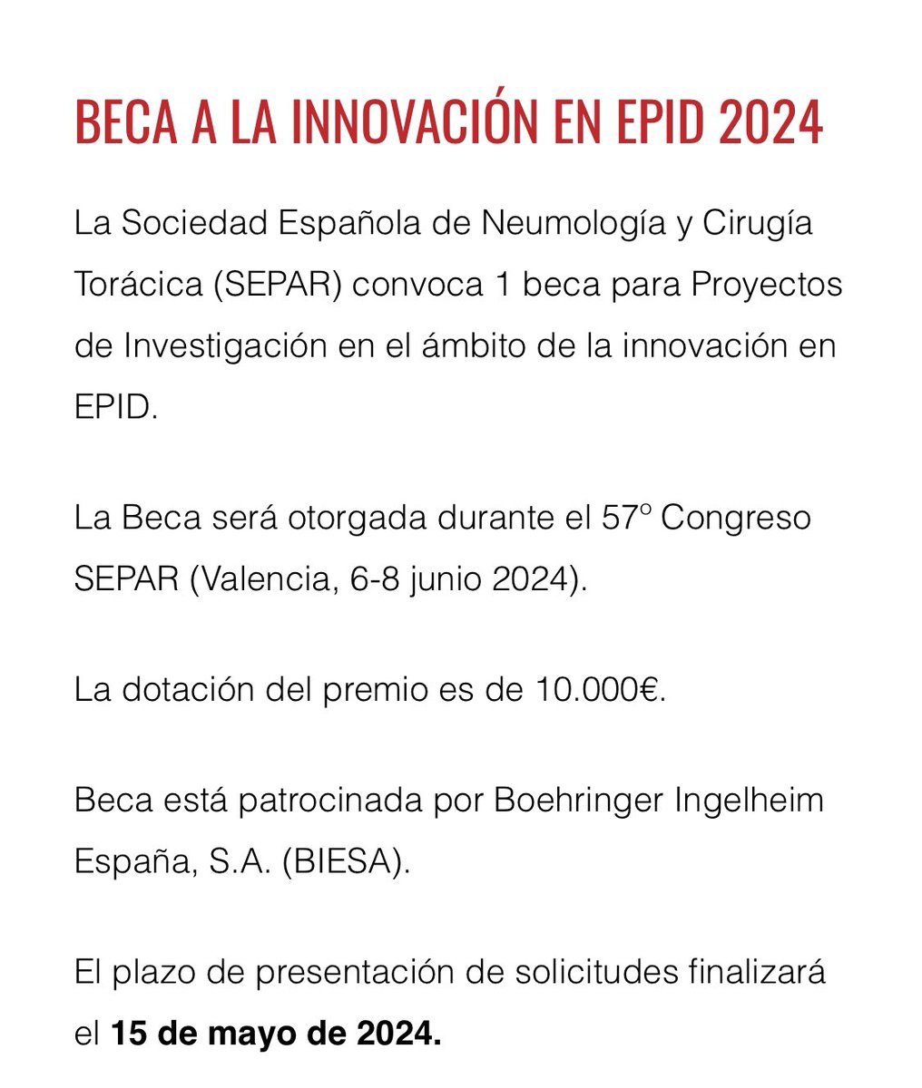 🔴Os anunciamos las convocatoria por segundo año consecutivo de la beca SEPAR <a href="/BoehringerES/">Boehringer Ingelheim España</a> de 10000 € para un estudio sobre #innovación en #EPID. Fecha límite 15 de Mayo.

➡️ Más info: separ.es/node/2524

<a href="/SeparRespira/">SeparRespira</a>