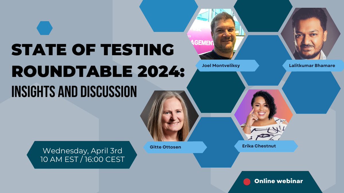 PractiTest (@practitest) on Twitter photo Now that the 2024 State of Testing Survey results are in, you’re invited to a roundtable led by <a href="/joelmonte/">Joel Montvelisky</a> & <a href="/Lalitbhamare/">Lalitkumar Bhamare</a> with guest speakers <a href="/erika_chestnut/">Erika Chestnut</a> & Gitte Ottosen. They’ll explore automation & the untapped potential of AI. #stateoftesting
hubs.la/Q02qxkDf0 Now that the 2024 State of Testing Survey results are in, you’re invited to a roundtable led by <a href="/joelmonte/">Joel Montvelisky</a> & <a href="/Lalitbhamare/">Lalitkumar Bhamare</a> with guest speakers <a href="/erika_chestnut/">Erika Chestnut</a> & Gitte Ottosen. They’ll explore automation & the untapped potential of AI. #stateoftesting
hubs.la/Q02qxkDf0
