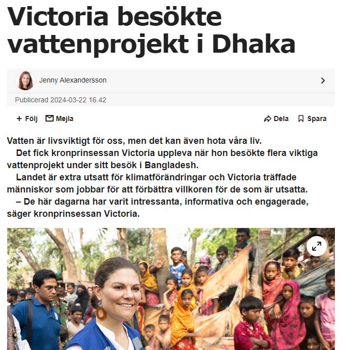 'Vatten är livsviktigt för oss, men det kan även hota våra liv', skriver @Aftonbladet i en artikel om Kronprinsessan Victorias resa till Bangladesh, där hon bland annat besökte WaterAids projekt i norra Dhaka.🚰 ➡️Läs artikeln här: aftonbladet.se/kungligt/a/dwo…