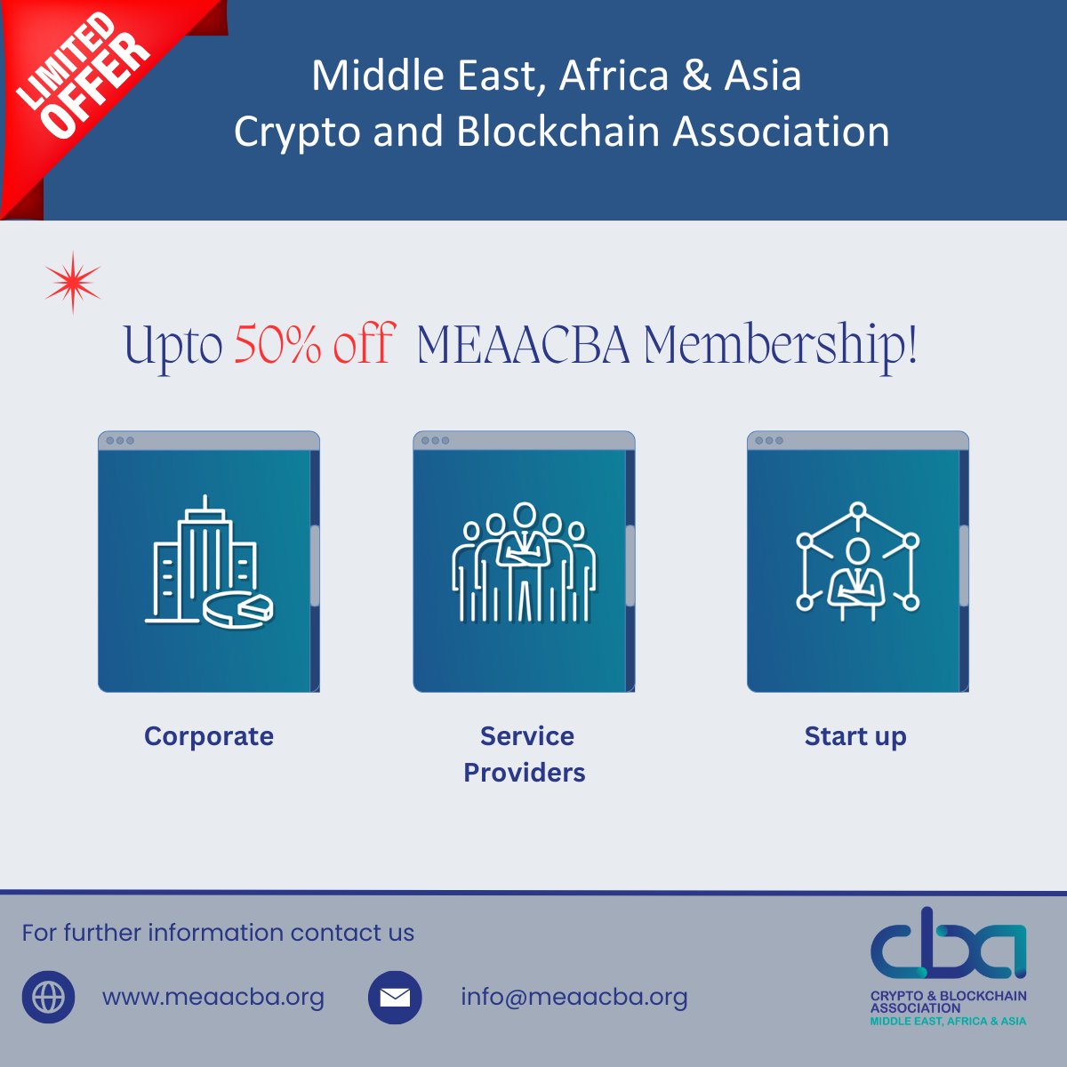 Middle East, Africa &amp; Asia Crypto and Blockchain Association is offering a LIMITED TIME 50% discount on membership fees! 

Join Now: meaacba.org/membership/
