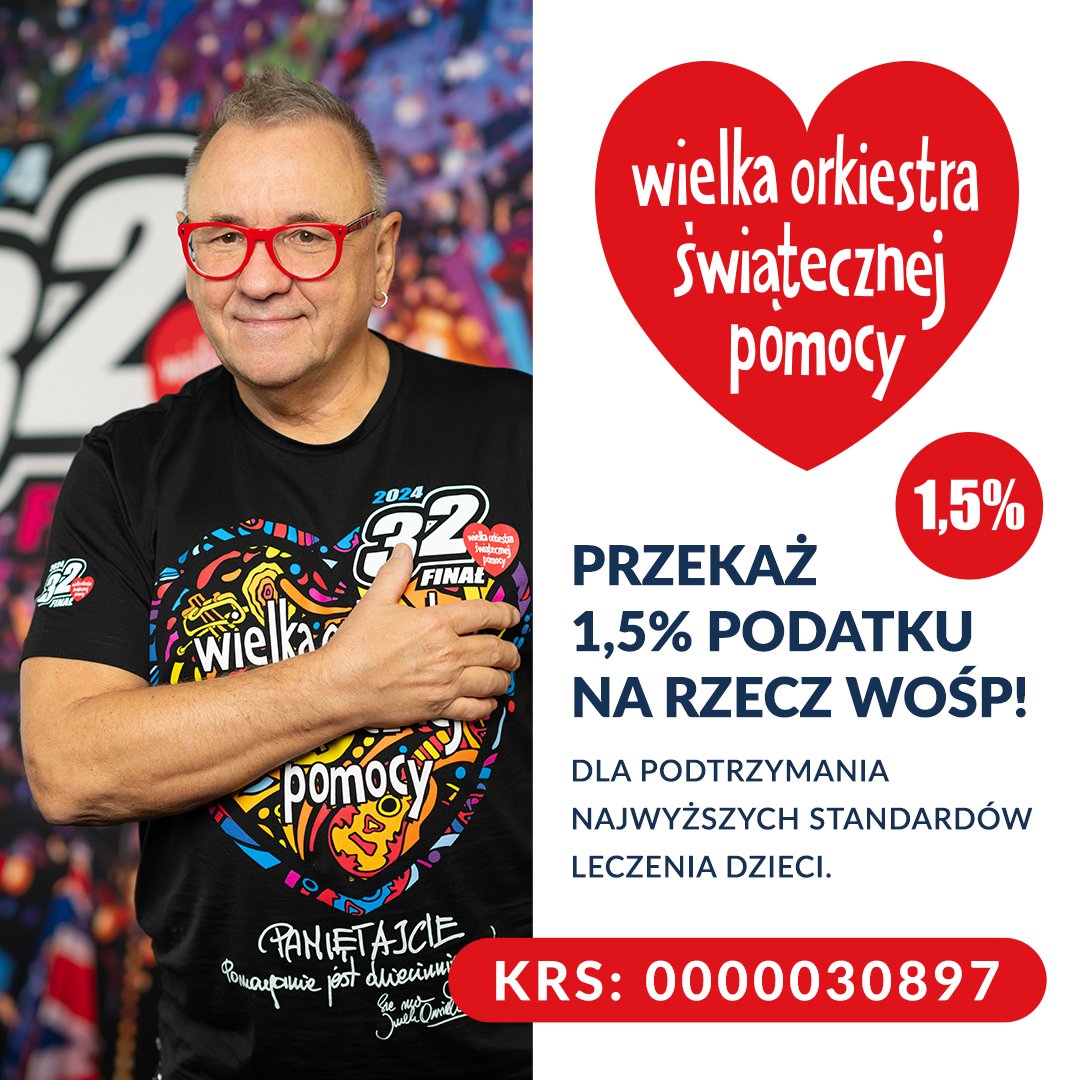 ❤️ Przekaż 1,5% podatku na rzecz Fundacji Wielka Orkiestra Świątecznej Pomocy – w rozliczeniu wskaż nasz KRS: 0000030897! 👉 wosp.org.pl/fundacja/proce… ❤️ 1,5% podatku za 2023 rok, które nam przekażecie, przeznaczymy na podtrzymanie najwyższych standardów leczenia dzieci.