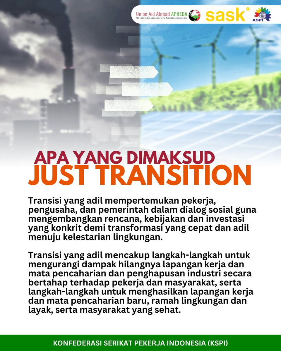 Transisi berkeadilan merupakan konsep penting dalam menghadapi perubahan iklim dan transisi energi. Dalam hal ini, KSPI memahami bahwa transisi menuju energi bersih dan ekonomi berkelanjutan harus mempertimbangkan dampak sosial dan ekonomi terhadap pekerja dan masyarakat.