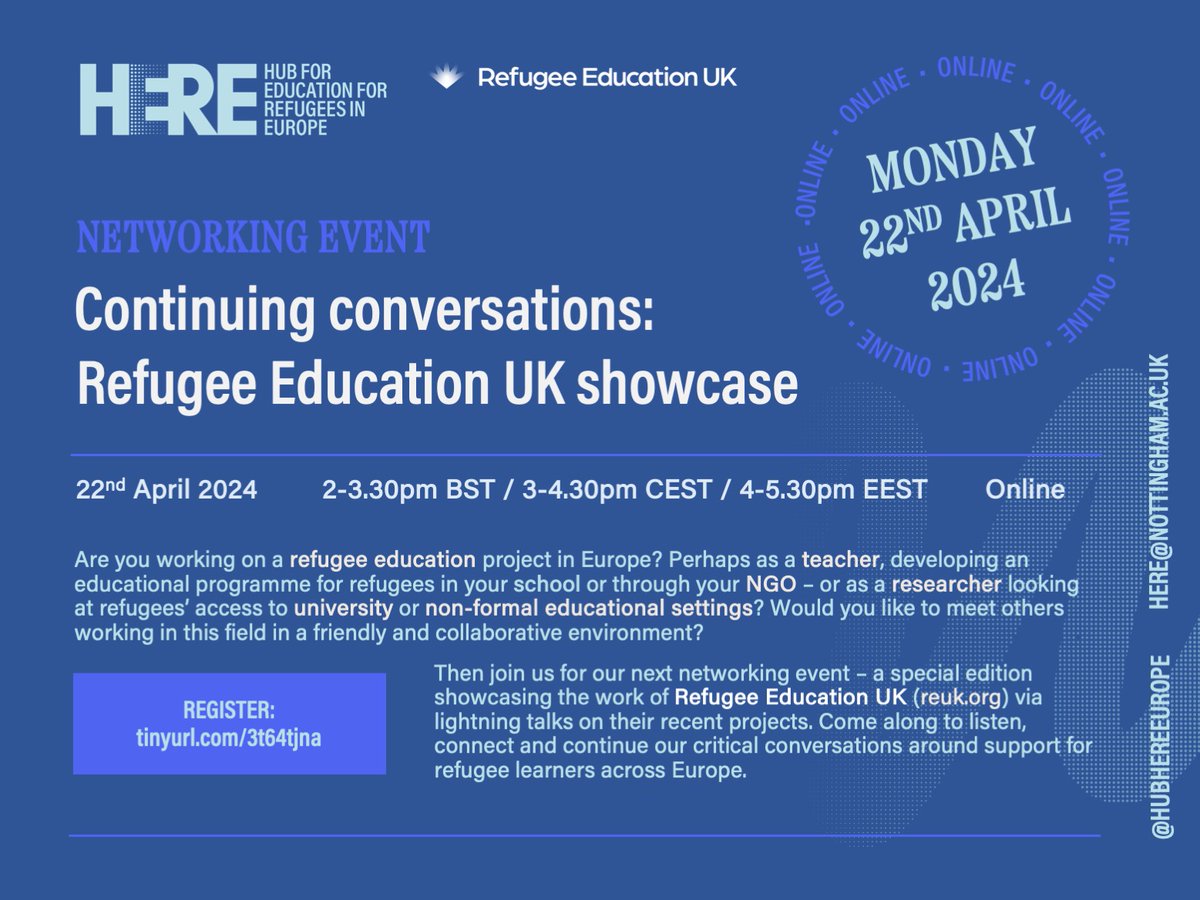 📅 Our next networking session is coming up on 22nd April! Open to researchers, practitioners & others interested in discussing support for refugee learners in Europe. This special edition will showcase the work of our friends at @RefugeeEdUK. Register: tinyurl.com/3t64tjna