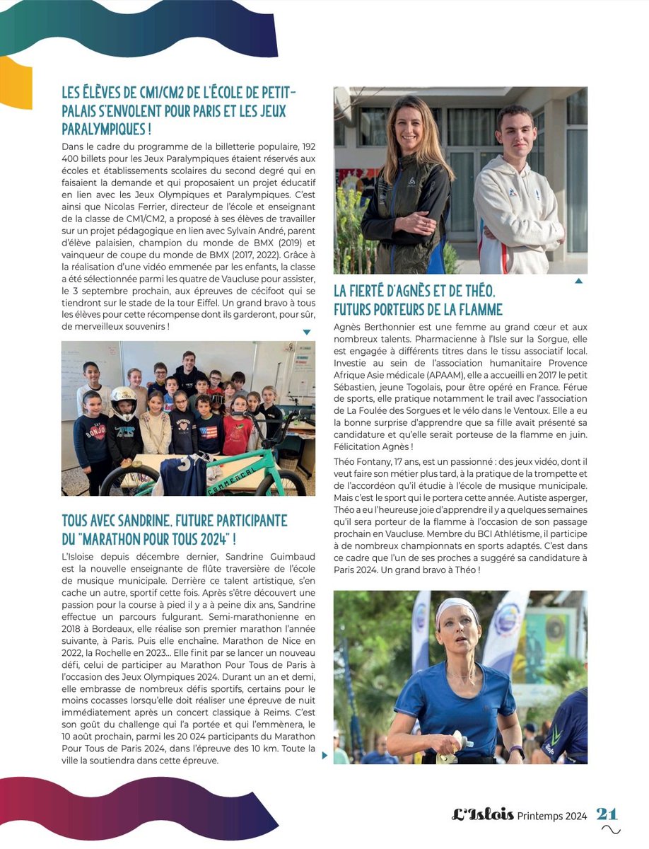 À la une du Magazine de l'Isle sur la Sorgue. #nousportonslaflamme @paris2024. #paris2024 @bleuvaucluse @CdosVaucluse @laprovence @vauclusematin @FFSASportAdapte