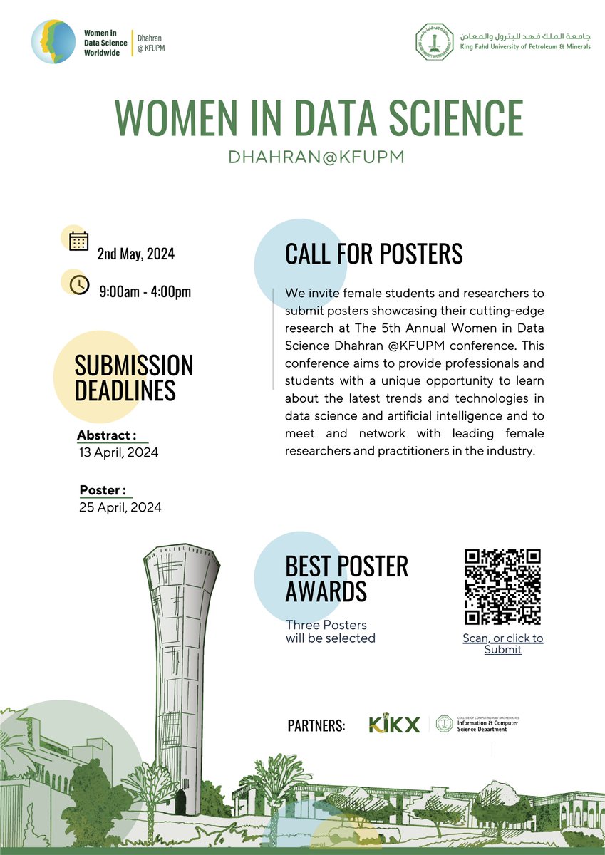 📢 Excited to announce 'Women in Data Science' Call for Posters!

Female students and researchers are welcome to submit posters showcasing their cutting-edge research at bit.ly/3VATT8L 📊 
🚩 Submission Deadlines: April 13, 2024
#WomenInDataScience
@WiDS_Dhahran