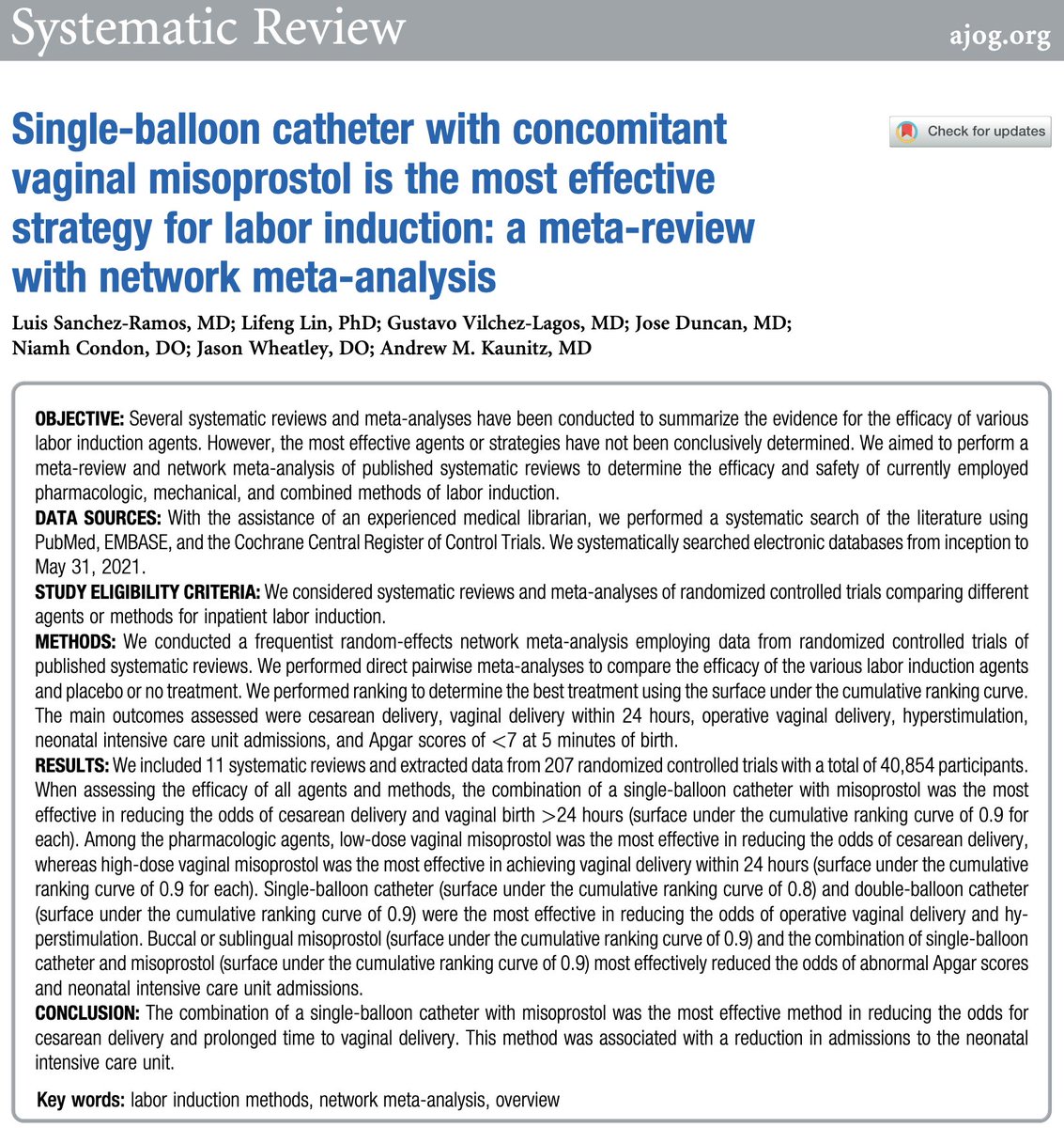 Single-balloon catheter with concomitant vaginal misoprostol is the most effective strategy for labor induction: a meta-review with network meta-analysis ow.ly/79As50R0SLx