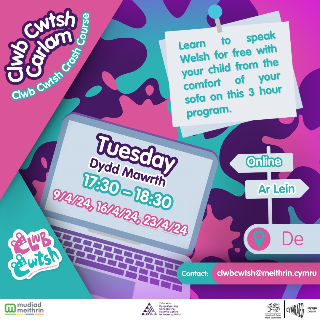 Clwb Cwtsh (@clwbcwtsh) on Twitter photo Eisiau dysgu siarad Cymraeg gyda’ch plentyn AM DDIM? Ymunwch â ni ar ein cwrs blasu 3 awr ar ôl y gwyliau Pasg🐣.
Want to learn to speak Welsh with your child FOR FREE! Join us on our 3-hour taster course after the Easter holidays🐣.
💻 Register now
💌clwbcwtsh@meithrin.cymru Eisiau dysgu siarad Cymraeg gyda’ch plentyn AM DDIM? Ymunwch â ni ar ein cwrs blasu 3 awr ar ôl y gwyliau Pasg🐣.
Want to learn to speak Welsh with your child FOR FREE! Join us on our 3-hour taster course after the Easter holidays🐣.
💻 Register now
💌clwbcwtsh@meithrin.cymru