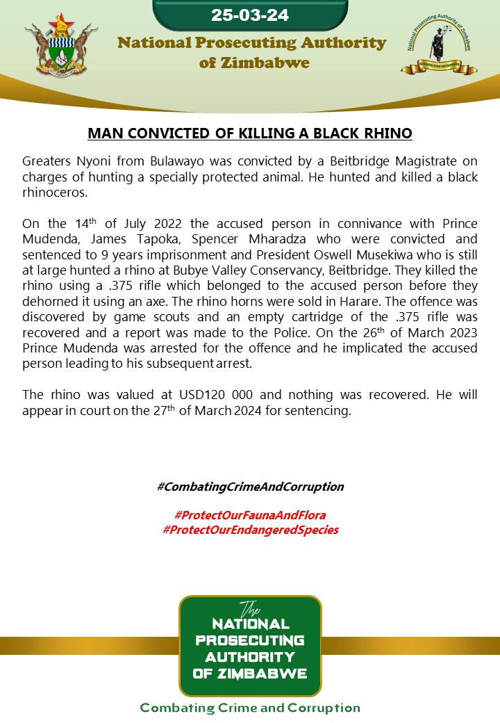 Man convicted of killing a black rhino 
#CombatingCrimeAndCorruption 
#ProtectOurFaunaAndFlora
#ProtectOurEndangeredSpecies
<a href="/THFZim/">Tikki Hywood Foundation</a> <a href="/ZELA_Infor/">Zimbabwe Environmental Law Organisation (ZELO)</a> <a href="/capitalkfm/">Capitalk100.4fm</a> <a href="/ChronicleZim/">The Chronicle</a> <a href="/HeraldZimbabwe/">The Herald Zimbabwe</a> <a href="/ZTNPrime/">ZTN</a> <a href="/ZBCNewsonline/">ZBC News Online</a> <a href="/weareakashinga/">Akashinga</a>