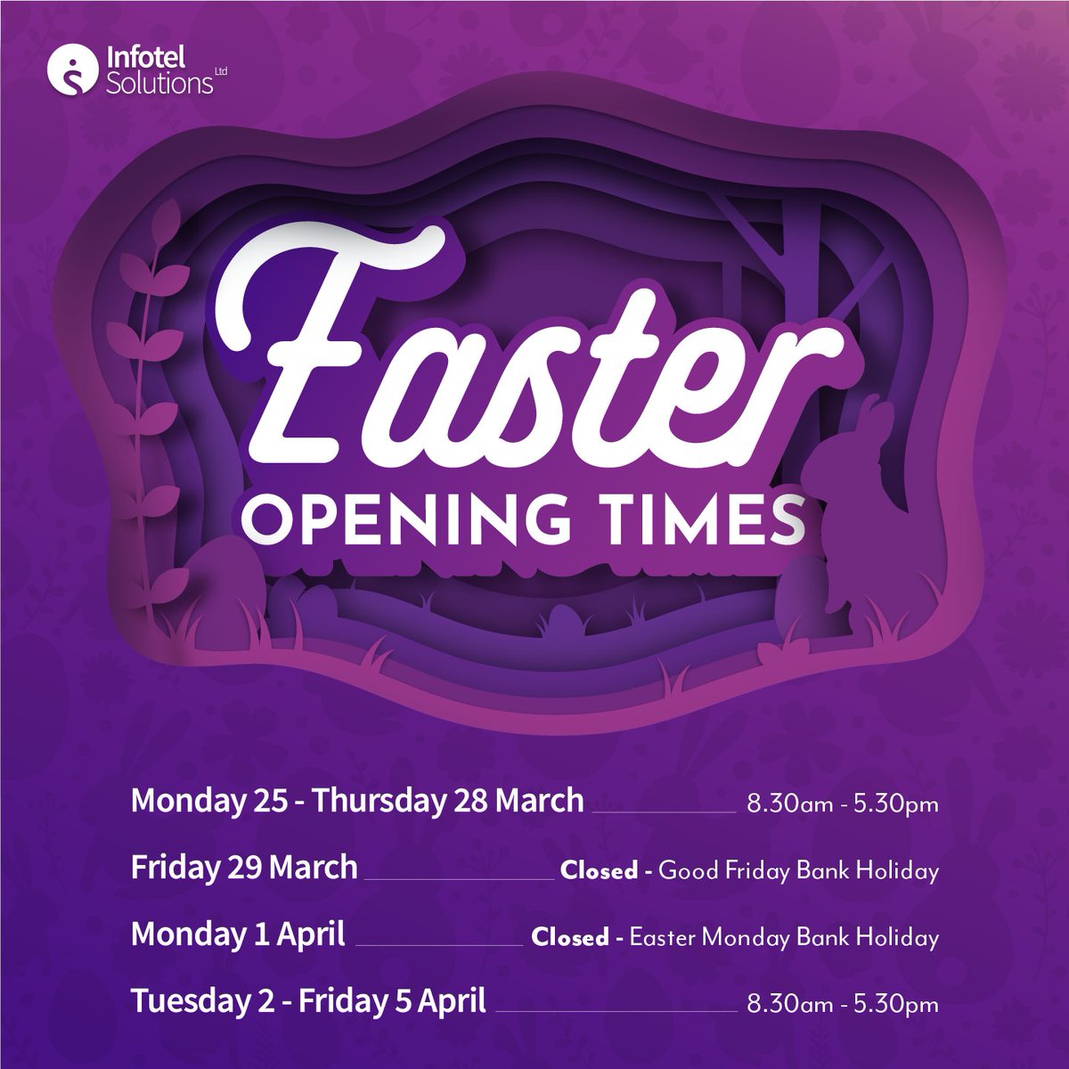 Easter Break Opening Times 🐣

For Infotel:
💻reservations@infotel.co.uk
📱01775 843413

For FindMeaConference:
💻reservations@findmeaconference.com
📱01775 843410

For FindMeaHotelroom:
💻reservations@findmeahotelroom.com
📱01775 843402