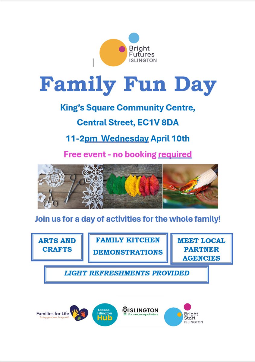 Join Bright Futures for a Family Fun Day at Kings Square Community Centre on Wednesday 10th April. There will be arts and crafts, a demonstration from the Family Kitchen team and some light refreshments. #BrightFuturesIslington #Islington #KingsSquareCommunityCentre #FamilyFun