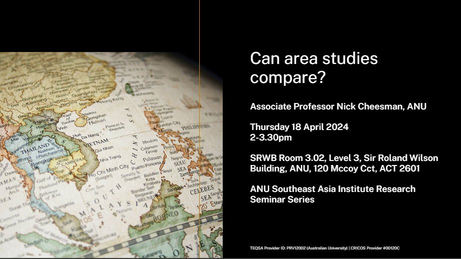 Curious about the comparative promise of area studies?🌏 Join us for the first event of the @ANU_SEAsia Research Seminar Series 2024 where Assoc. Prof. Nick Cheesman will explore this intriguing question by revisiting the work of Benedict Anderson. seasiainstitute.anu.edu.au/event/can-area…