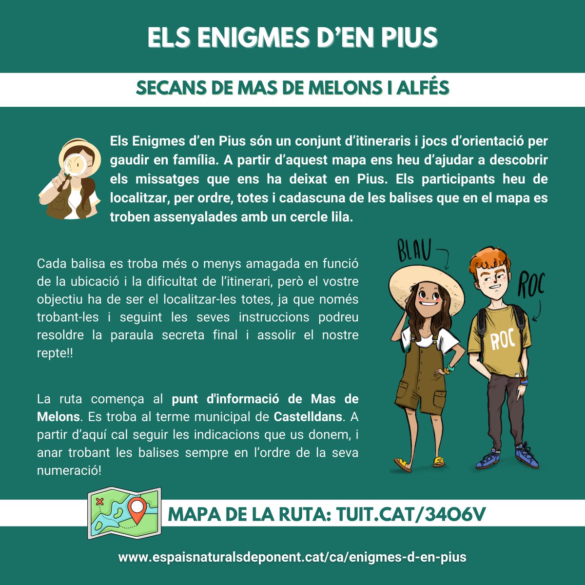 📲 Els Enigmes d'en Pius són un conjunt d'itineraris i jocs d'orientació per gaudir en família dels espais naturals de Ponent!

🗺️ Avui us deixem una ruta que us portarà a descobrir l’espai natural de Mas de Melons i Alfés: tuit.cat/34O6v