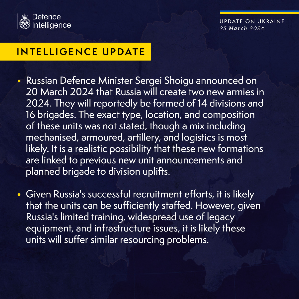 Latest Defence Intelligence update on the situation in Ukraine – 25 March 2024. Find out more about Defence Intelligence's use of language: ow.ly/owjq50R0hej #StandWithUkraine 🇺🇦