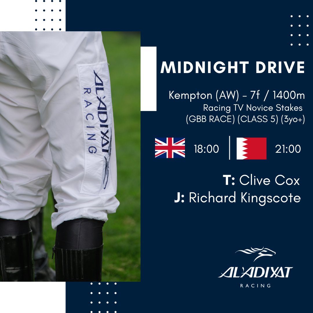 🇬🇧 Our 3yo filly 𝗠𝗜𝗗𝗡𝗜𝗚𝗛𝗧 𝗗𝗥𝗜𝗩𝗘 runs over 7f / 1400m @kemptonparkrace this evening where she will face 13 rivals. @RKingscote takes the ride for Clive Cox.
