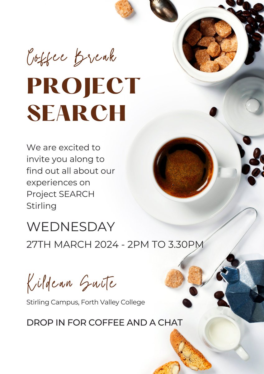 Project SEARCH Stirling are hosting a Coffee Afternoon to celebrate International Intern Day. Come and join us for coffee and cake to see what the Interns have been up to and find out more about Project SEARCH. #SkillsForSuccess #adultlearning #stirling #ProjectSEARCH