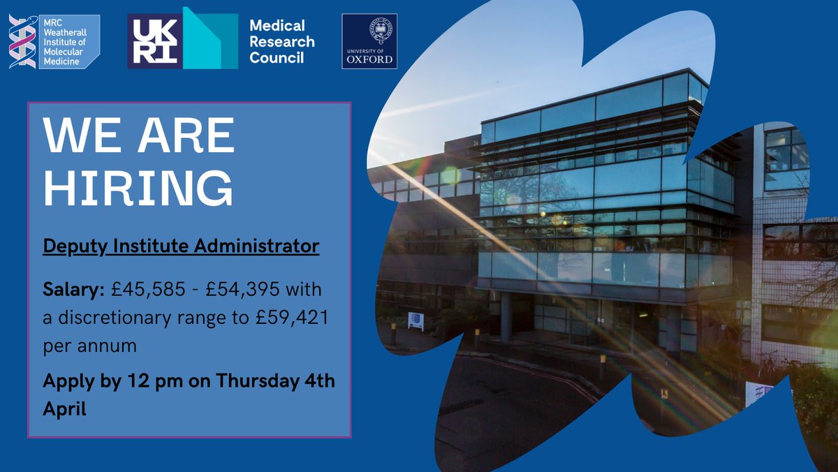 📢JOB OPPORTUNITY: Deputy Institute Administrator - Apply by 4th April 📅 We have an exciting opportunity to join our friendly Core Admin team at the MRC WIMM. More details and how to apply here: bit.ly/3wt1USM