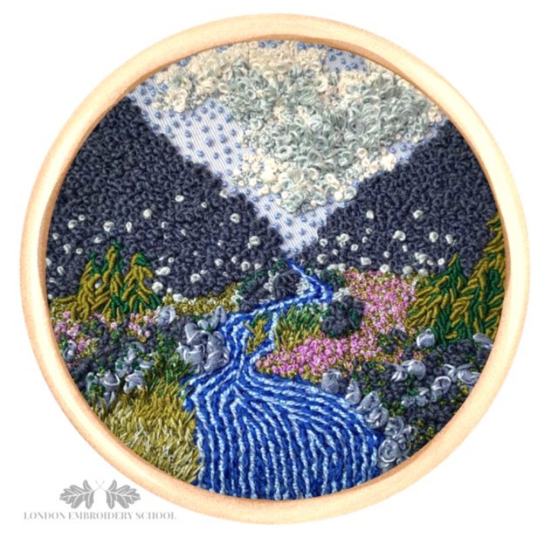 Upgrade your French Knot skills with a Knotted Landscape adventure, exploring the Pistil Stitch, Bullion Knot, Colonial, and Chinese knots for a fun and knotty experience. . . . . #londonembroideryschool #embroidery #frenchknot #landscape #learnembroidery #onlineclasses