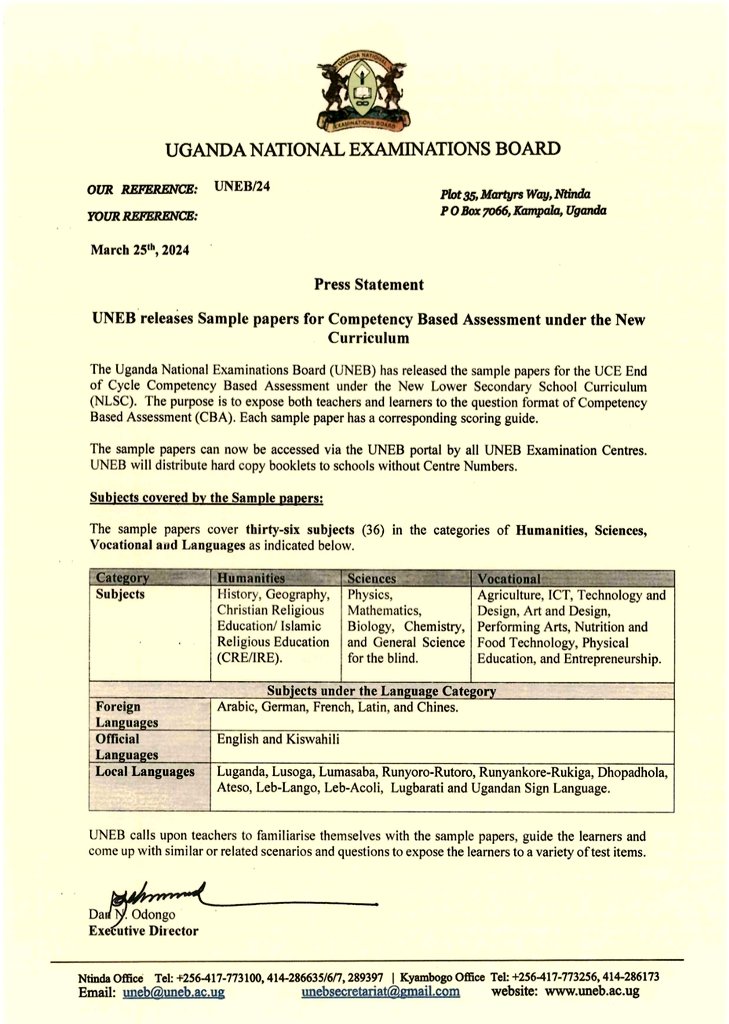 The Uganda National Examinations Board (UNEB) has released the sample papers for the UCE End of Cycle Competency Based Assessment under the New Lower Secondary School Curriculum (NLSC). The purpose is to expose both teachers and learners to the question format of Competency Based…