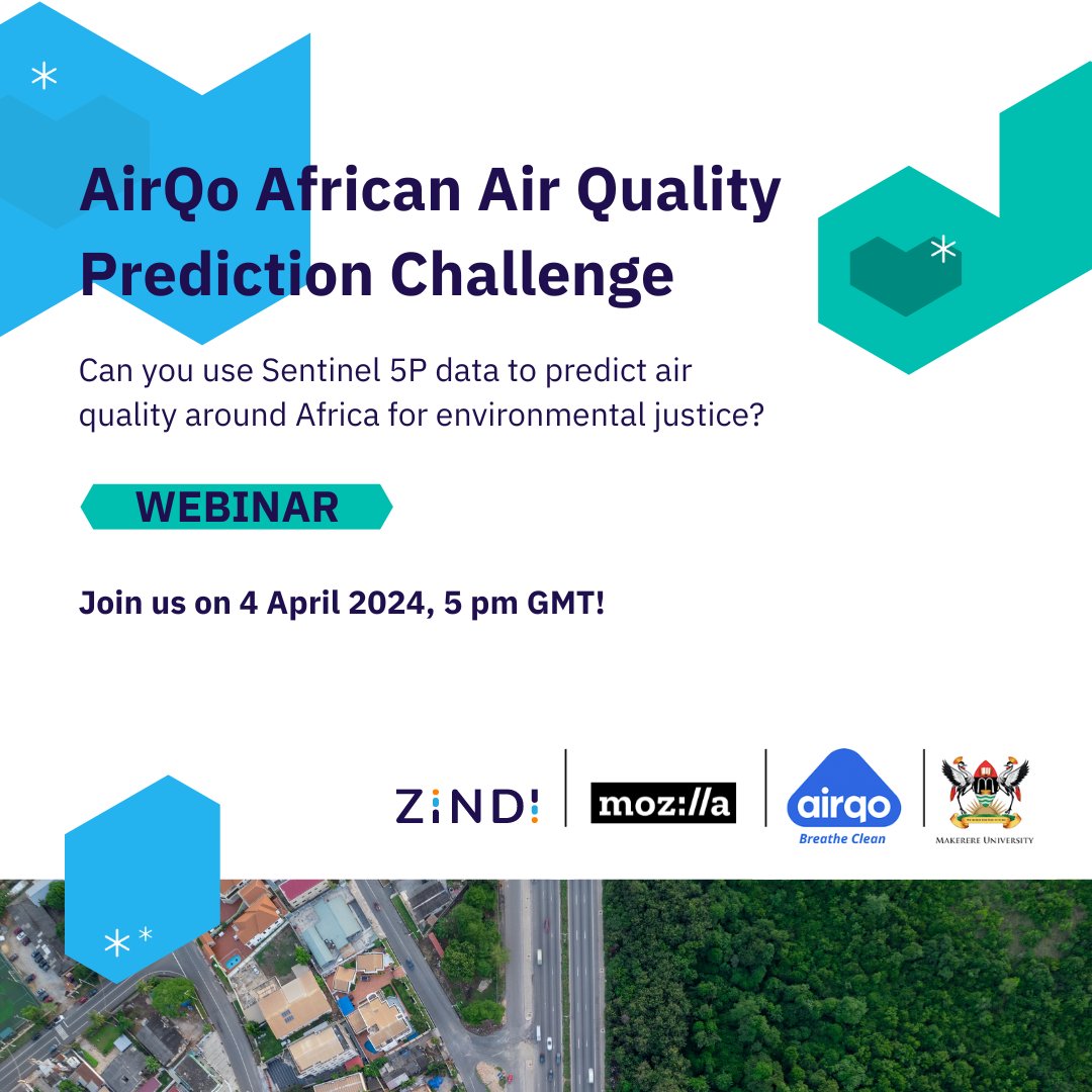 How can you use satellite data to predict air quality in African cities? Join the AirQo African #AirQuality Prediction Challenge Webinar & hear from industry experts as they discuss advancements in #AQ prediction for Africa. 🗓️April 4 ⏲️8-9:00PM GMT+3 📍bit.ly/3xhpBxz