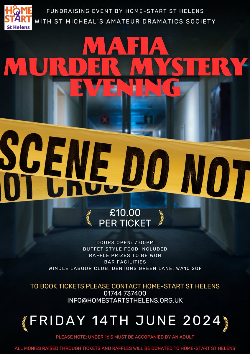 Home-Start St.Helens (@homestartsthele) on Twitter photo Calling all detectives!!🔍🕵️
We have an upcoming Murder Mystery Fundraiser Event!
Friday 14th June 2024 at Windle Labour Club
Tickets £10.00
Call the office 01744 737400, send a message or email info@homestartsthelens.org.uk for more information.
#murdermystery #homestart Calling all detectives!!🔍🕵️
We have an upcoming Murder Mystery Fundraiser Event!
Friday 14th June 2024 at Windle Labour Club
Tickets £10.00
Call the office 01744 737400, send a message or email info@homestartsthelens.org.uk for more information.
#murdermystery #homestart