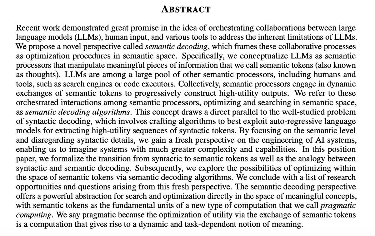 Orchestrated interactions between LLMs, humans, and tools show great promise. Today, we introduce “Semantic Decoding' - a perspective that views these interactions as optimization and search in the space of semantic tokens (thoughts). 📄 arxiv.org/abs/2403.14562