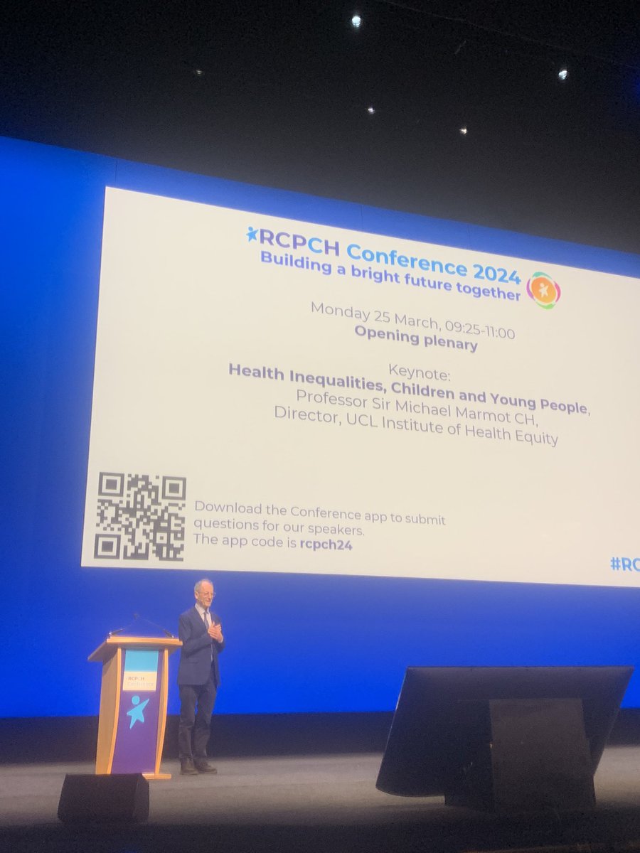 Thank you to Sir Michael Marmot for a sobering, challenging but inspiring keynote to kick off #RCPCH24. He ends with a challenge to the next UK Government - on day one put equity in health at the heart of government policy.