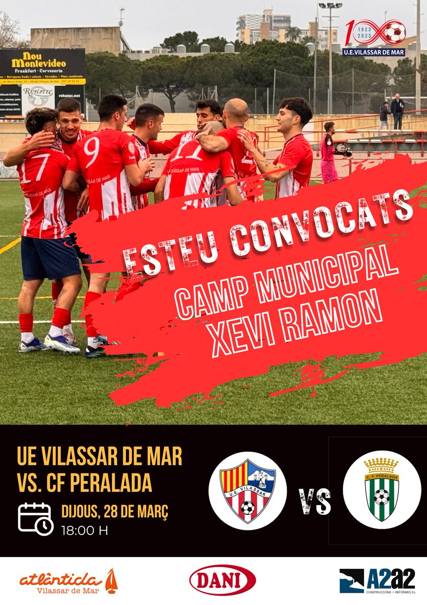 🚨 ATENCIÓ! El partit d'aquesta jornada de #3RFEF S'AVANÇA A DIJOUS, dia 28, a les 18.00H! #Afició, estàs convocada!

⚽️ <a href="/UEVilassardeMar/">U.E. Vilassar de Mar</a> vs. <a href="/CFPeralada/">CF Peralada</a>
🗓️ 28/03/2024
🕕 18.00 h
📍 Mpal. Xevi Ramon
 
#ConservesDani <a href="/AtlantidaVdM/">Atlàntida Vilassar</a> #A2a2