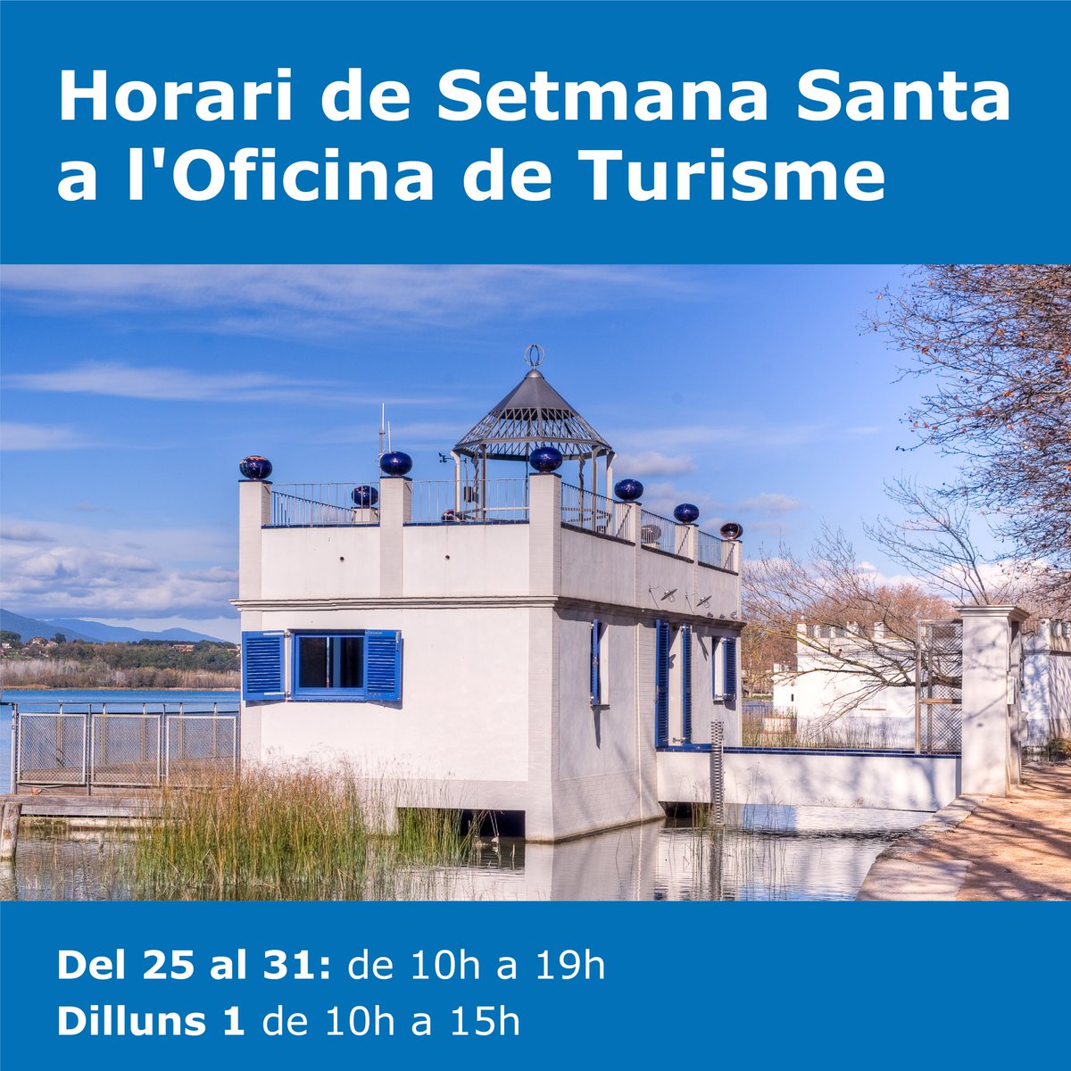 ⏰ Comencem horari de Setmana Santa a l'Oficina de Turisme 🗓️ Del 25 al 31: de 10h a 19h 🗓️ Dilluns 1: de 10h a 15h #Banyoles #debanyoles #turismebanyoles #estanydebanyoles #turismefamiliar