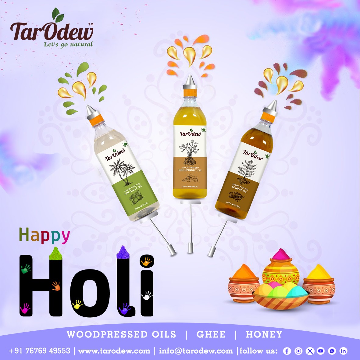 Tarodew2021's tweet photo. 🎉✨ Celebrate Holi with a Splash of Health! ✨🎉

This #Holi, make your celebrations vibrant and wholesome with Tarodew Nutrifoods! 🌿 From wood-pressed oils to pure honey and A2 Desi Cow Ghee, we've got everything you need for a colorful and nutritious feast. 🌈🥳 #HealthyHoli https://t.co/w9WD705ewV