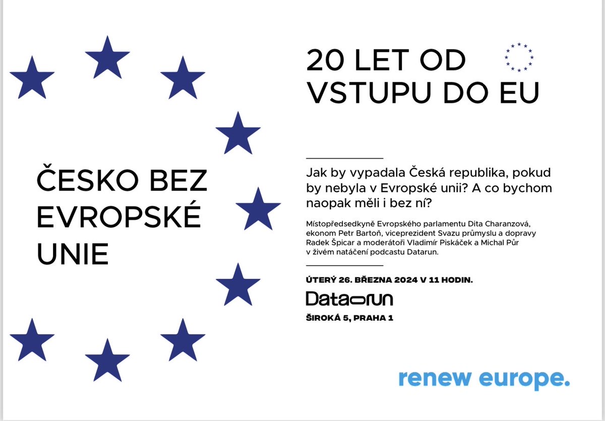 Jak by Česká republika vypadala, pokud by nebyla v EU? Takovou otázku jsme si položili, @petr_barton to spočítal a @charanzova a @R_Spicar_SP_CR o tom přijdou debatovat. Pokud byste chtěli zítra přijít na živé natáčení. Máme tady posledních 10 míst. Pište na…