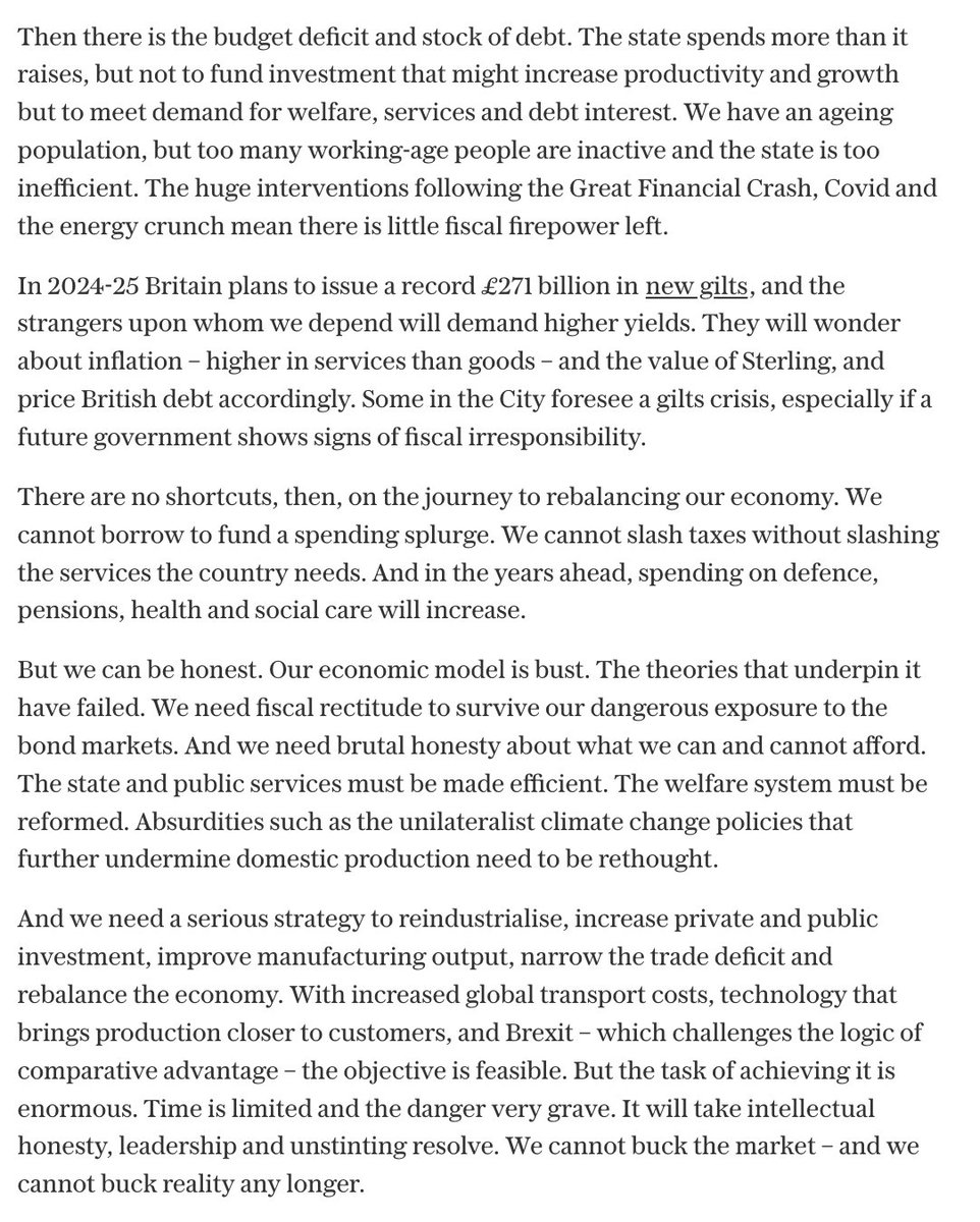 Our economic model is bust. The theories that underpin it have failed. We need a strategy to reindustrialise, increase private and public investment, improve manufacturing output, narrow the trade deficit and rebalance the economy. My column today: telegraph.co.uk/news/2024/03/2…