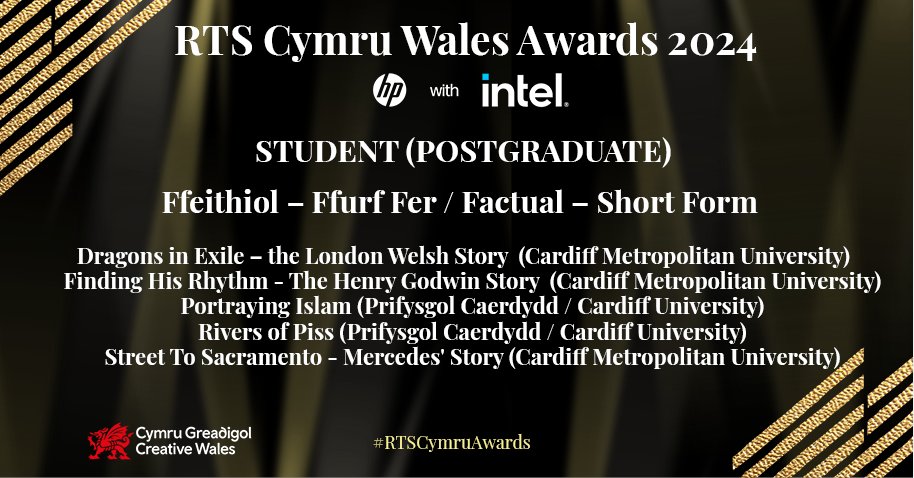 Student Postgraduate
Ffeithiol – Ffurf Fer / Factual – Short Form

Dragons in Exile – the London Welsh Story 
Finding His Rhythm - The Henry Godwin Story 
Portraying Islam 
Rivers of Piss
Street To Sacramento - Mercedes' Story