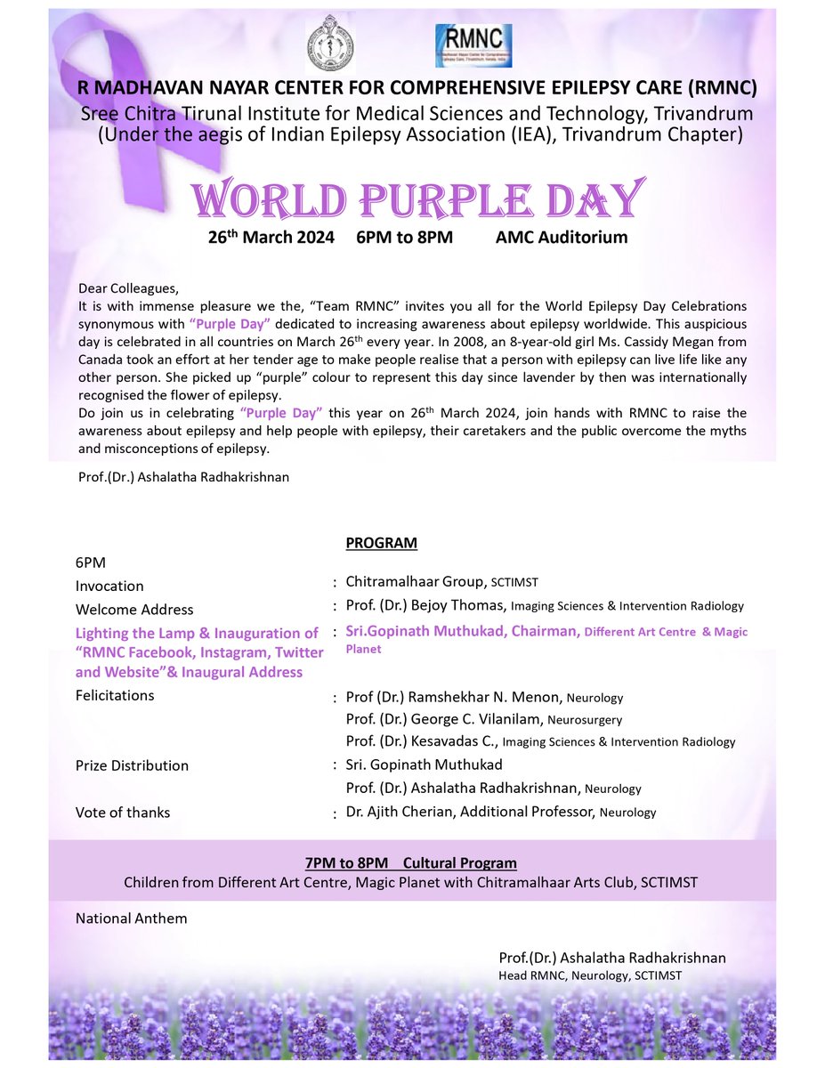 SCTIMST to commemorate World Purple Day💐