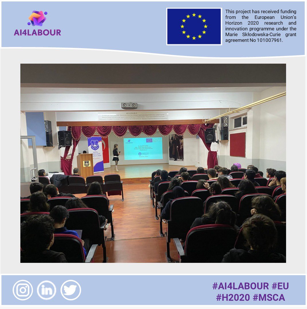 Highlighting the dissemination activities of our AI4Labour projects, Damla Partanaz from KHAS University had the opportunity to share insights about 'How automation will reshape the future jobs' with about 100 students from Kartal Semiha Şakir Anatolian High School on March 13.